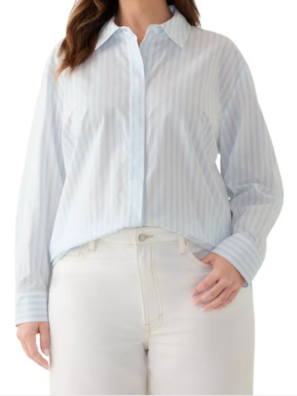 Anne Klein Light Blue & White Striped Cotton Button-Down Summer Shirt